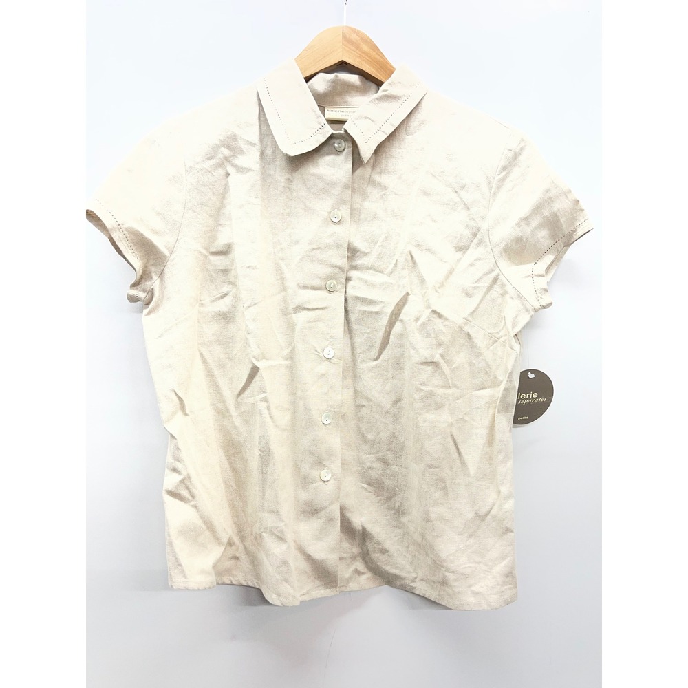 Valerie Separates Petite Linen Button Up Shirt Beige Short Sleeve Blouse PL NWT